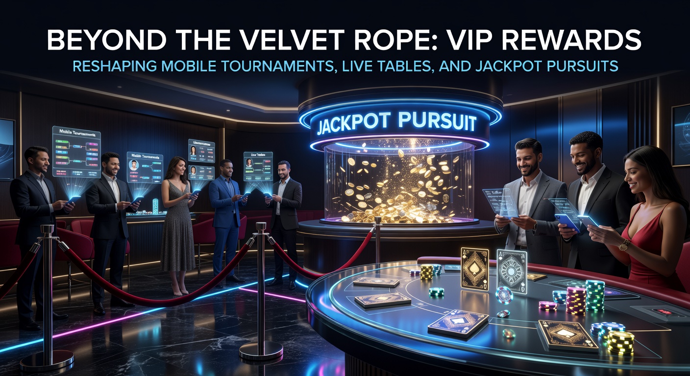 VIP-spelers vieren een jackpotwinst tijdens een exclusief mobiel toernooi, met champagne en high-roller tafels op de achtergrond