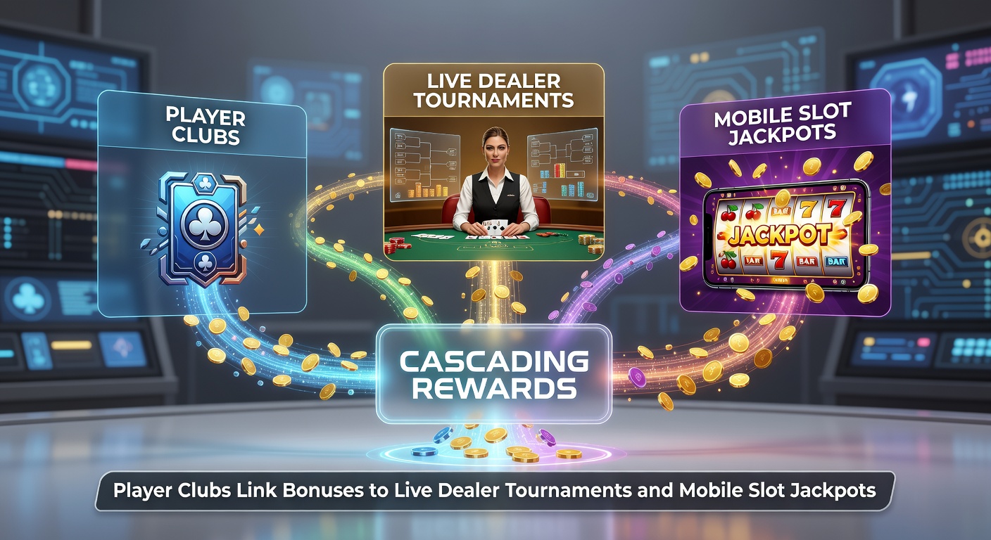 Grafische weergave van kaskaderende beloningen in online casino's, met iconen voor bonussen, toernooien en jackpots die elkaar versterken