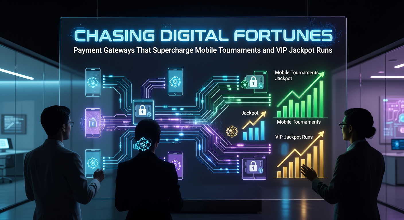 Mobiele telefoon met betalingsapp en draaiende jackpot-slots op een toernooi-scherm