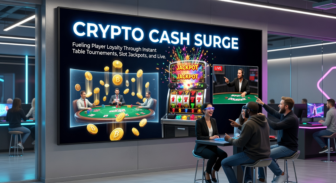 Spannende scène van een slotjackpot die ontploft tijdens een live dealer piek, met crypto-symbolen op de achtergrond