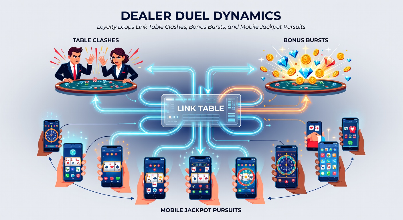 Mobiele scherm met jackpot teller die oploopt tijdens een live dealer duel, loyalty badges en bonus icons flitsend