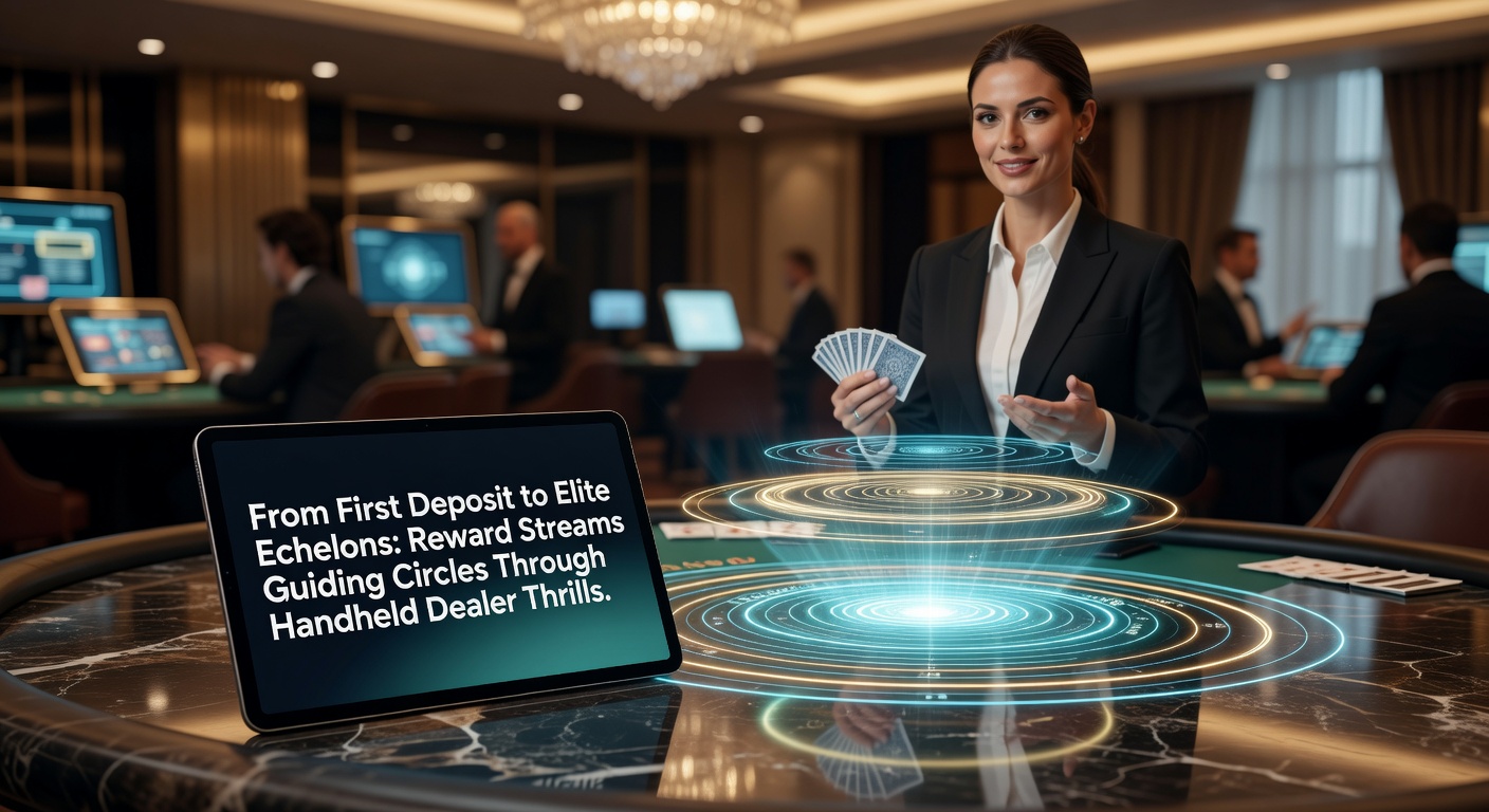 Groep elite spelers viert succes in mobiel casino toernooi met dealer op scherm en beloningsbanners, illustrerend klim naar topkringen