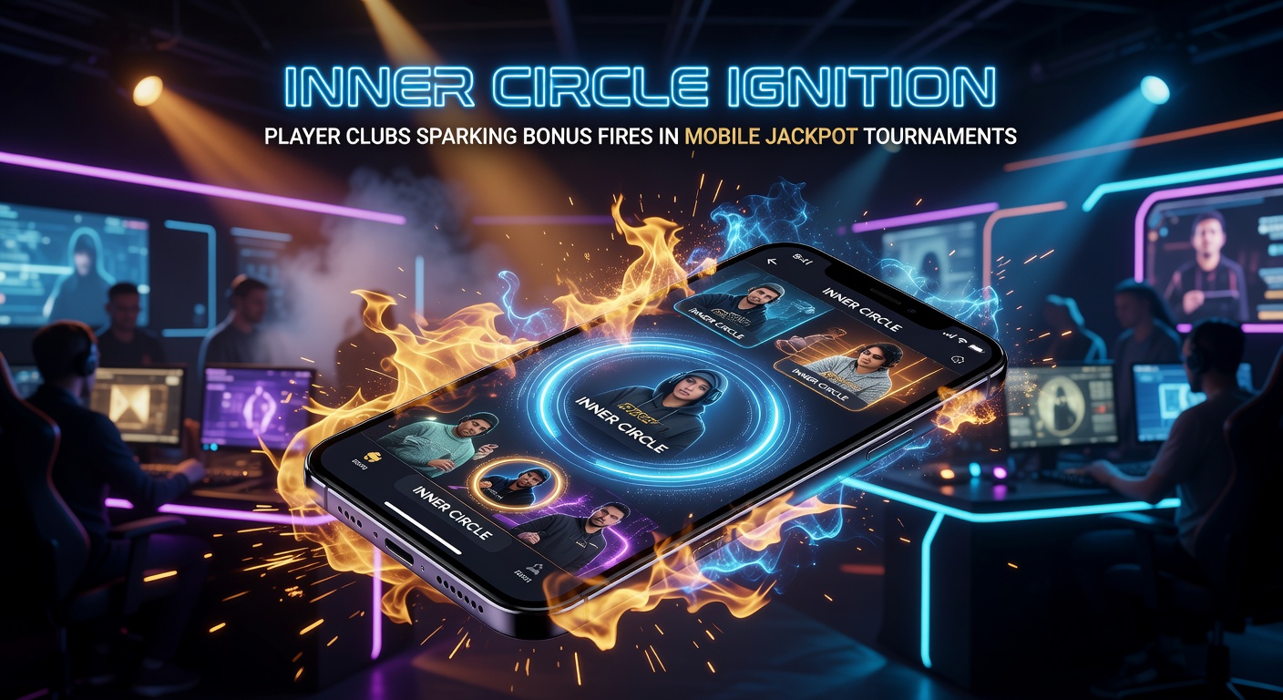 Spelers in een exclusieve inner circle club vieren een jackpotwinst tijdens een mobiel toernooi, met vuurwerk van bonussen op hun schermen