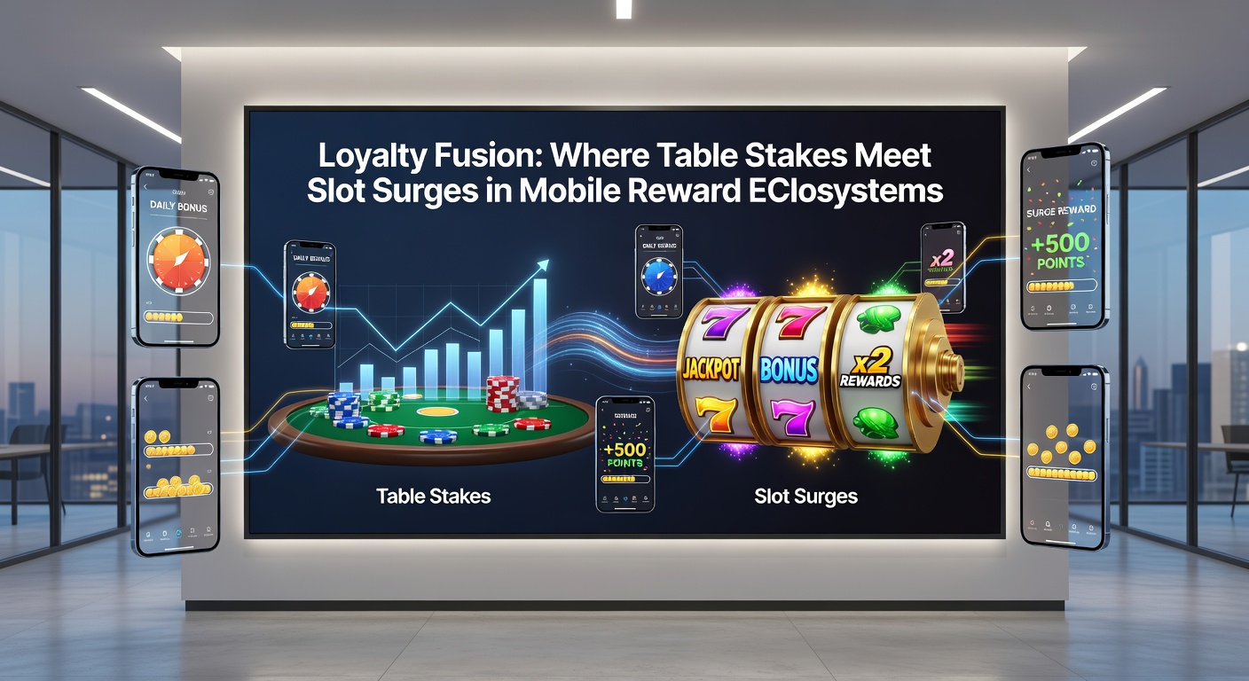 Mobiele app-interface die loyaliteitspunten toont overlappend tussen een blackjack-tafel en draaiende slotrollen met beloningsindicatoren