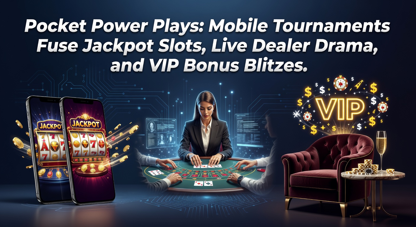 Mobiele scherm met jackpot slot toernooi en live dealer actie in een dynamische overlay