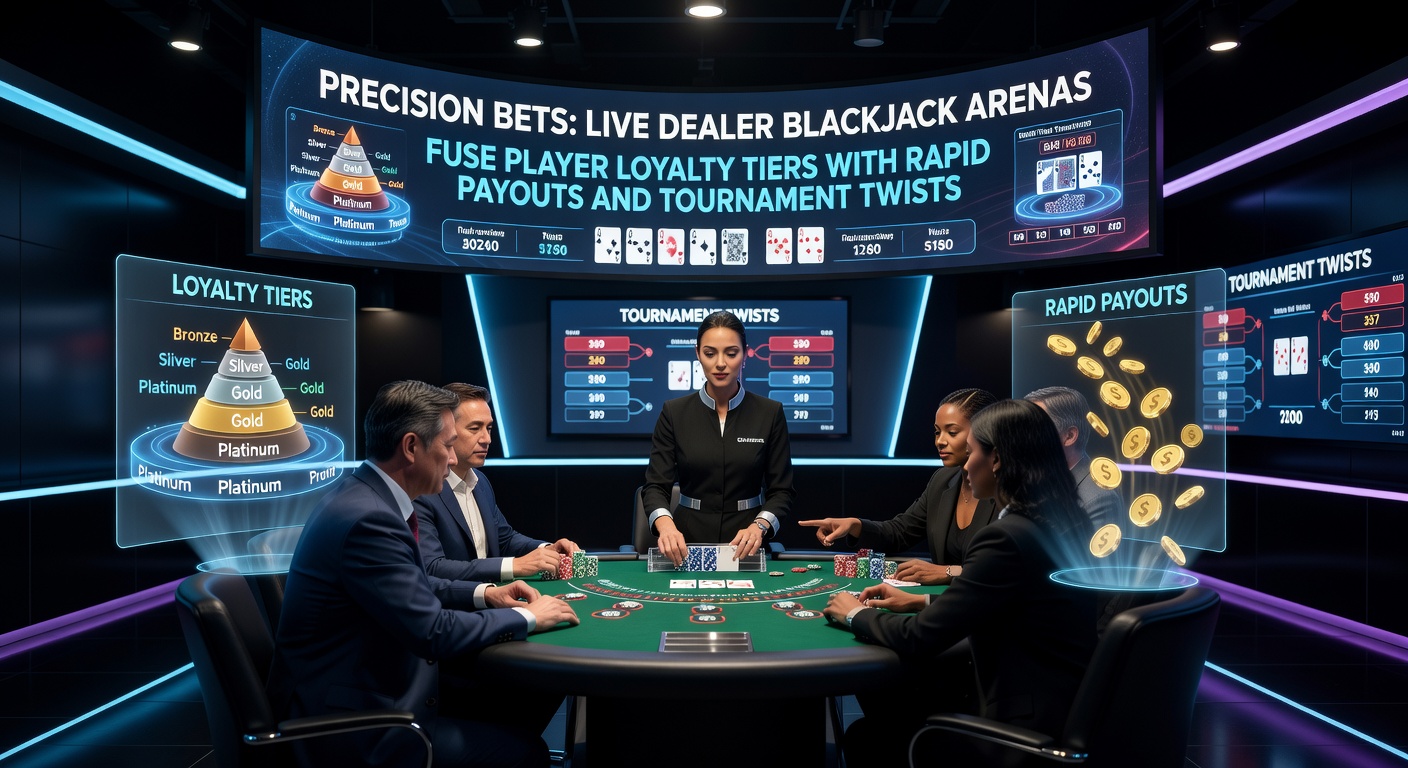 Live dealer blackjack-tafel met digitale loyaliteitsindicatoren, snelle uitbetalingsknoppen en toernooitellers op schermen