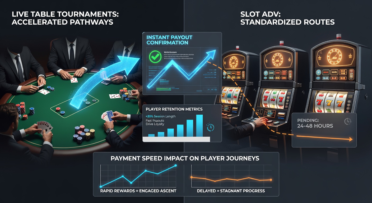 Dynamische scène van spelers aan live tafels en draaiende slots, met flitsende betaaliconen die snelheid symboliseren in een bruisend casino-omgeving