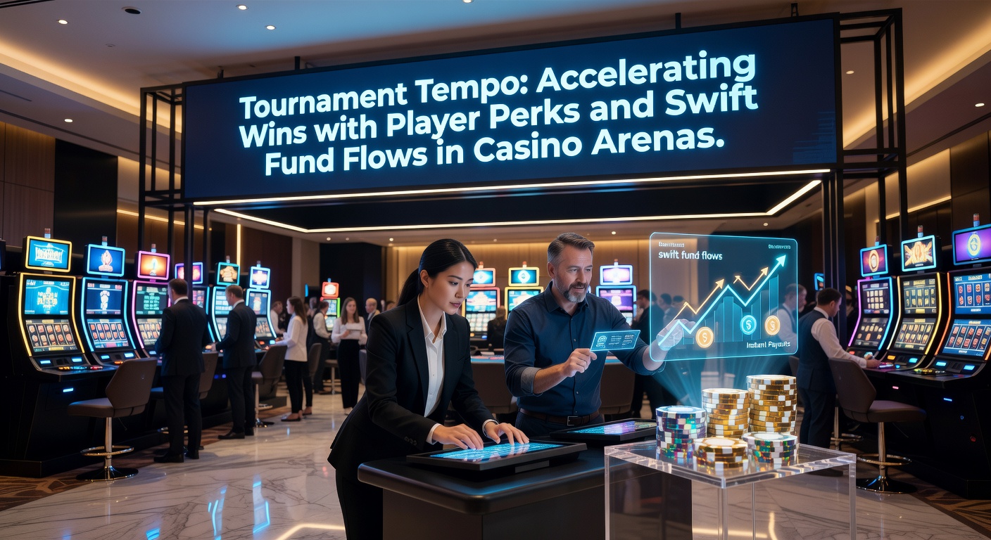 Spelers in een dynamisch casino-toernooi, omringd door digitale balies en beloningsiconen die snelheid en perks benadrukken