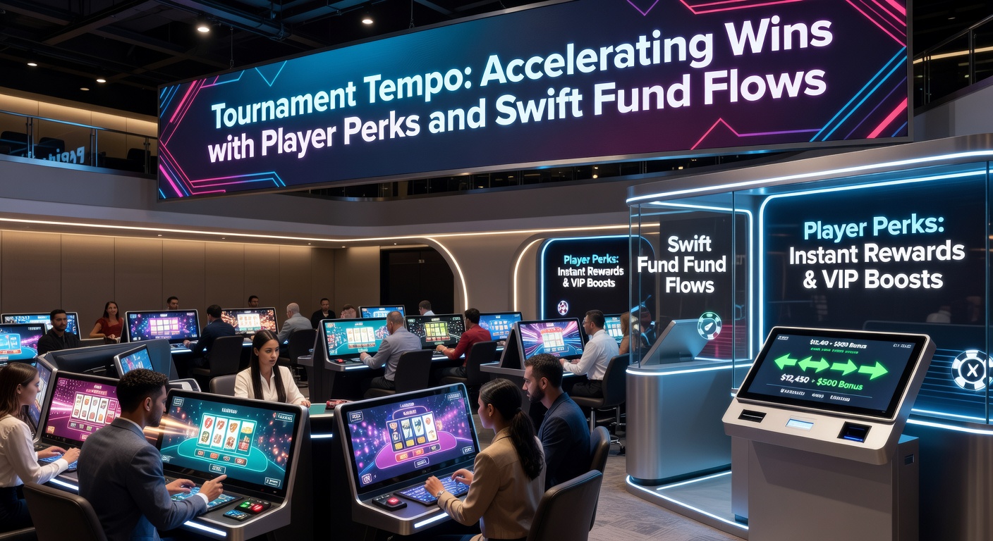 Grafiek met pijlen die snelle transacties en perk-activaties tonen in een toernooi-dashboard, met spelers die leiden op een leaderboard