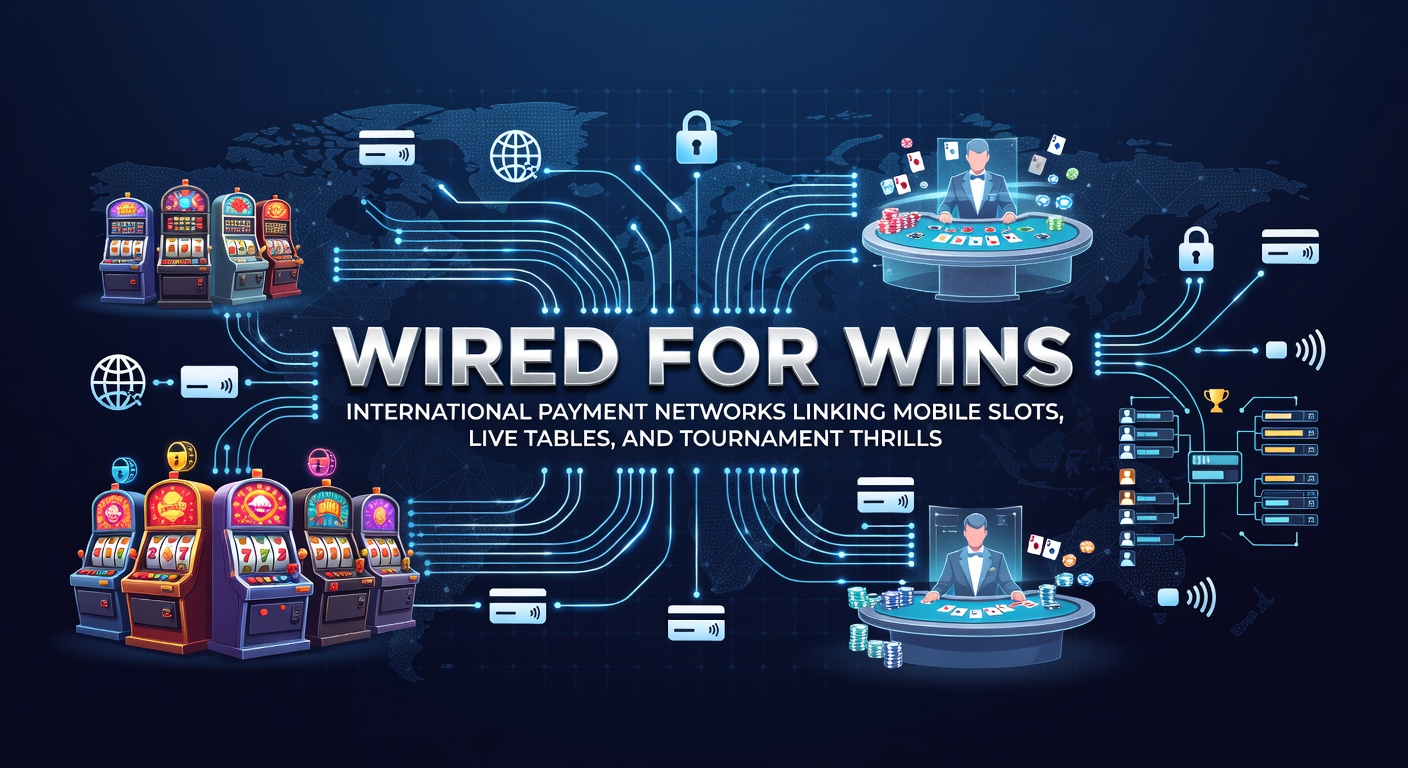 Grafische weergave van wereldwijde betaalnetwerken die mobiele slots, live tafels en toernooien verbinden met flitsende lijnen en iconen van kaarten, chips en jackpots