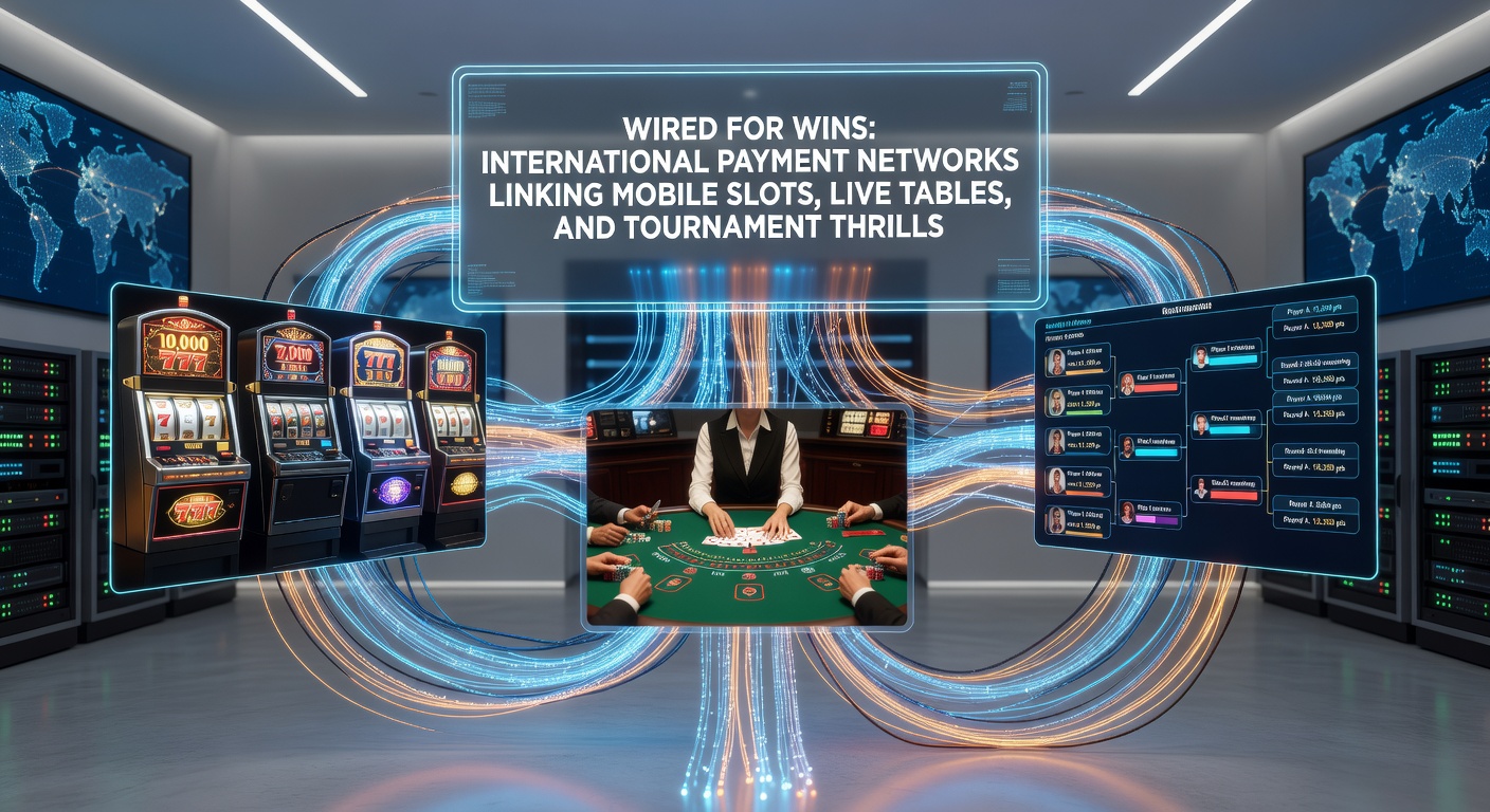 Dynamische illustratie van een internationaal toernooi met spelers aan mobiele apparaten, verbonden via betaallijnen naar live tafels en slot schermen